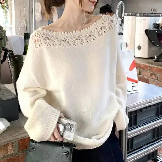 今季人気 透かし編み 無地 レース デコルテ 長袖 カジュアル ニットセーター