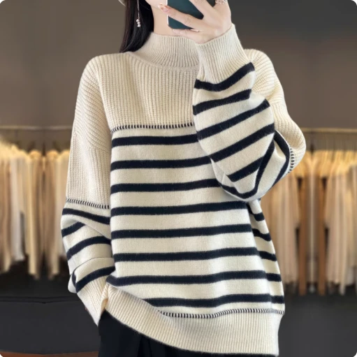 人気新品 ハーフネック 長袖 プルオーバー ニット ボーダー ファッション ニットセーター