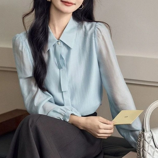 『今売れてます!』 折り襟 無地 シングルブレスト ボタン 長袖 エレガント シャツ