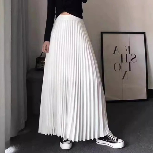 「着回しのコツ」 無地 ハイウエスト プリーツ ギャザー ロング エレガント スカート