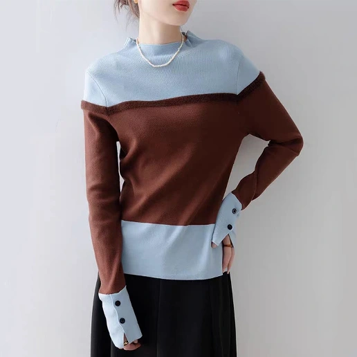 新作入荷 ボタン ハーフネック 長袖 レイヤード / 重ね着風 配色 モード ニットセーター