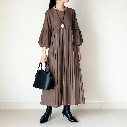 『今売れてます!』 ギャザー Aライン 無地 ランタンスリーブ 九分袖 カジュアル ワンピース