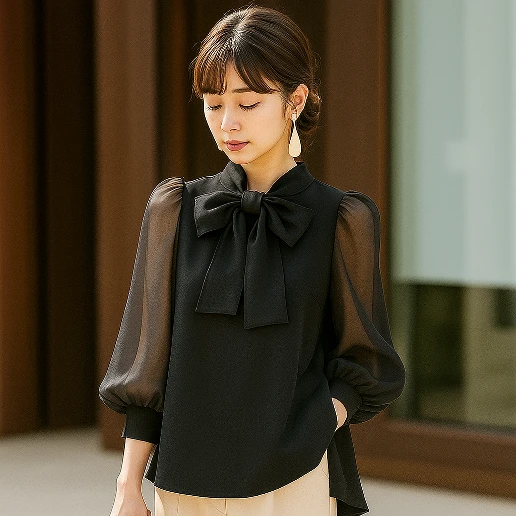 新発売！ ランタンスリーブ ロング丈 配色 無地 九分袖 エレガント シャツ