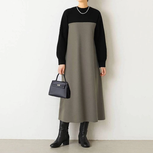 大人気 ハーフネック 長袖 Aライン 配色 切り替え ファッション ワンピース