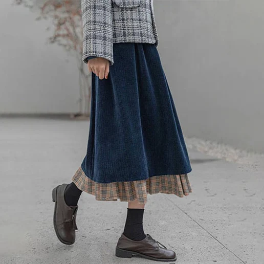 今季大注目 Aライン チェック柄 中長 切り替え ハイウエスト カジュアル スカート