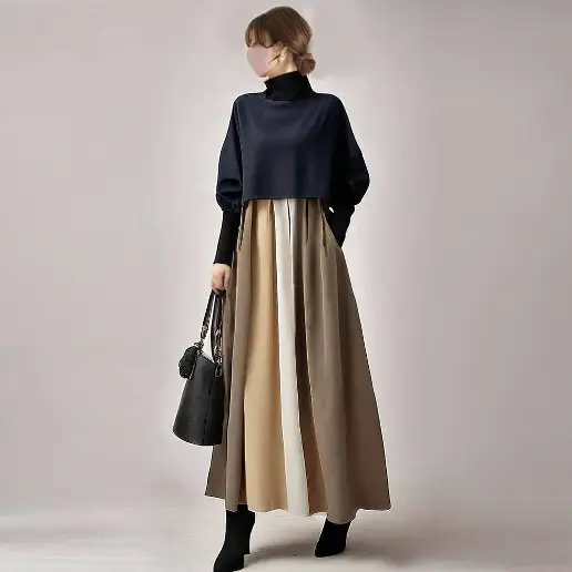 『今売れてます!』 ギャザー 長袖 ポケット付き パフスリーブ 配色 エレガント ワンピース