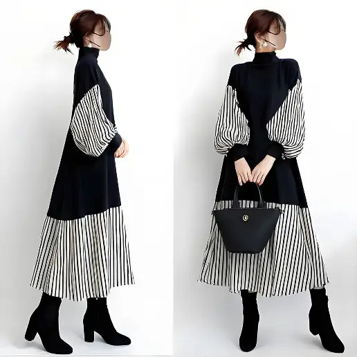 着回し力抜群 ストライプ柄 配色 切り替え ランタンスリーブ  長袖 カジュアルワンピース