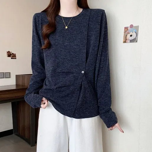 インスタで超人気 ラウンドネック ボタン 無地 長袖 プルオーバー ファッション Tシャツ