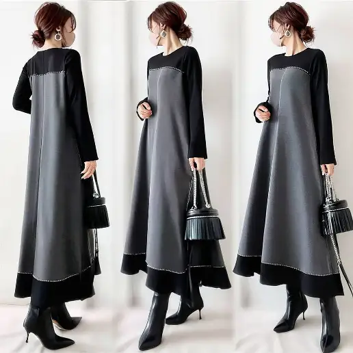 早い者勝ちです! 切り替え 配色 Aライン 長袖 ラウンドネック シンプル カジュアルワンピース