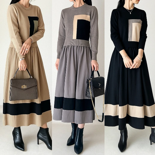 人気を獲得♡ 配色 切り替え Aライン 長袖 ラウンドネック エレガント カジュアルワンピース