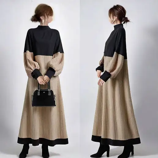 お買い得！ スタンドネック 切り替え Aライン 長袖 配色 シンプル カジュアルワンピース