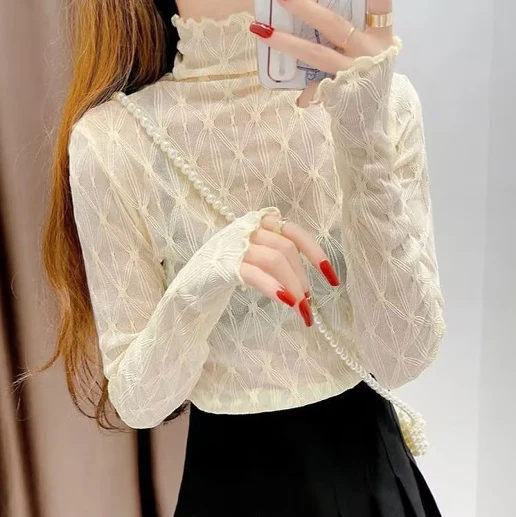 「今季大注目」オフタートルネック 長袖 無地 ハイネック レース ファッション 長袖トップス カットソー