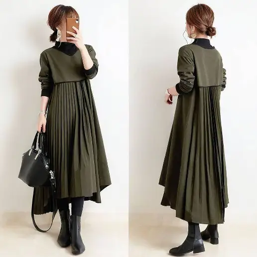 着回し力抜群 長袖 Vネック ギャザー Aライン 無地 カジュアル ワンピース